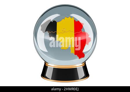 Boule de cristal avec carte belge. Prévision et prévision pour la Belgique, concept. 3D rendu isolé sur fond blanc Banque D'Images
