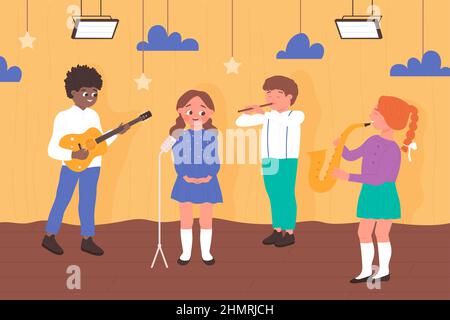 Les enfants qui ont des instruments de musique jouent de la musique acoustique sur un concert scolaire ou une illustration vectorielle de fête. Dessin animé mignon groupe de garçons et filles musiciens jouant saxophone, flûte et guitare, chanteur chant Illustration de Vecteur