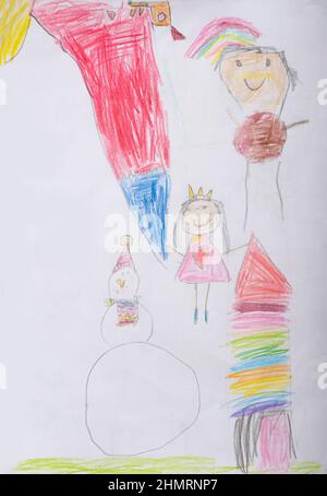 dessin de main d'enfant, maison, bonhomme de neige, homme, petite fille, maison colorée. crayon pour enfants peinture hiver toile de fond Banque D'Images