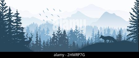 Bannière horizontale. Silhouette de renard et de cerf debout sur la colline de l'herbe. Montagnes et forêt en arrière-plan. Paysage magique et brumeux, arbres, animaux. Illustration de Vecteur