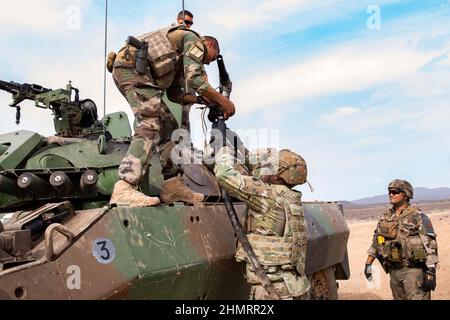 Djibouti. 25th janvier 2022. Les soldats de la garde nationale de l'armée de Virginie affectés à la Compagnie G, 429th Bataillon de soutien, Force opérationnelle Red Dragon, Force opérationnelle interarmées combinée-Corne de l'Afrique, se joignent aux éléments du 5th Overseas Intermarines Regiment (RIAOM), Forces françaises à Djibouti lors d'un échange d'entraînement conjoint au Grand Bara Desert, Djibouti, le 25 janvier, 2022. L'engagement a offert aux soldats l'occasion d'observer les techniques opérationnelles de leurs homologues français, y compris la conduite d'opérations de réapprovisionnement logistique, d'entretien de véhicules et de ravitaillement dans un environnement d'entraînement sur le terrain Banque D'Images