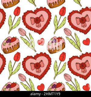 Motif coloré de Saint-Valentin dessiné à la main sans couture. Illustration vectorielle dans le style d'esquisse Illustration de Vecteur