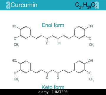 Curcumine. Formule structurale chimique du curcumine. Produit chimique par les plantes de l'espèce Curcuma longa. Formes céto et énol. Comparaison Illustration de Vecteur