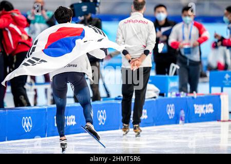 BEIJING, CHINE - FÉVRIER 12: Junho Kim de Corée du Sud vainqueur de la médaille d'argent en compétition sur les hommes 500m lors des Jeux Olympiques de Beijing 2022 à l'ovale national de patinage de vitesse le 12 février 2022 à Beijing, Chine (photo de Douwe Bijlsma/Orange Pictures) NOCNSF Banque D'Images