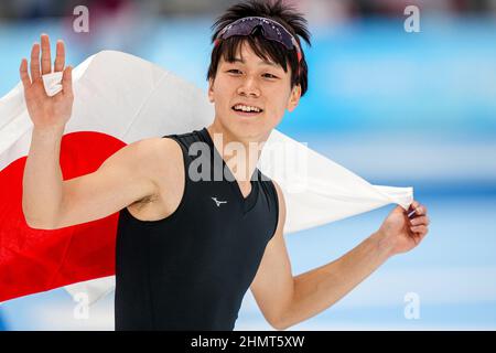 BEIJING, CHINE - FÉVRIER 12: Junho Kim de Corée du Sud vainqueur de la médaille d'argent en compétition sur les hommes 500m lors des Jeux Olympiques de Beijing 2022 à l'ovale national de patinage de vitesse le 12 février 2022 à Beijing, Chine (photo de Douwe Bijlsma/Orange Pictures) NOCNSF Banque D'Images