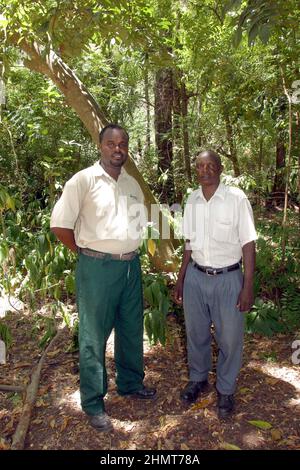 GARDIENS JAMES MUTUA (L) ET STEPHEN TUEI (R) AU SANCTUAIRE DE HALLER PARK. LE SANCTUAIRE ABRITE LE BÉBÉ HIPPO OWEN QUI A ÉTÉ SÉPARÉ DE SA MÈRE PENDANT LE TSUNAMI DU LENDEMAIN DE NOËL ET QUI A ÉTÉ SAUVÉ ET RÉHÉBERGÉ AU SANCTUAIRE DE MOMBASSA, AU KENYA. IL A CONCLU UNE INCROYABLE RELATION MÈRE-FILS DE SUBSTITUTION AVEC MZEE, UNE TORTUE GÉANTE DE 130 ANS. MOMBASA. KENYA. PHOTO : GARYROBERTSPHOTO.COM Banque D'Images