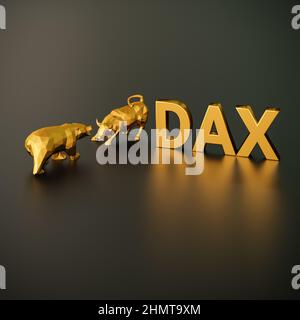 CONCEPT D'indice DE stock DAX. Un taureau et un ours en plus du texte doré DAX (indice allemand des stocks appelé 'Deutscher AktienindeX'). Banque D'Images