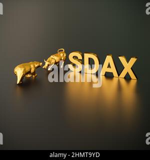 Concept d'indice boursier SDAX. Un taureau et un ours en plus du texte doré SDAX (indice boursier allemand appelé 'Small Cap DAX'). Banque D'Images