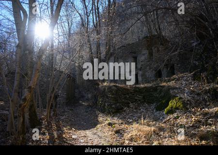 Vieilles maisons utilisées par les anciennes populations de montagne construites dans les bois maintenant abandonnés au passage du temps. Banque D'Images