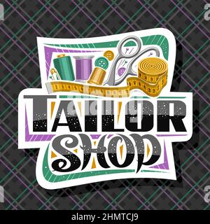 Logo Vector pour tailleur Shop, étiquette décorative en papier découpé avec jeu d'outils de couture, rouleau de ruban de mesure pour vêtements de costume, lettrage au pinceau unique pour WO Illustration de Vecteur