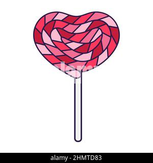 Rétro Saint-Valentin icône bonbon coeur à lèvres sur un bâton. Symbole de l'amour dans un style pop-line tendance. Le joli bonbon est en rose doux, rouge, et Illustration de Vecteur