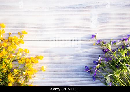 Petites, belles, fleurs violettes et jaunes, herbe, sur panneau blanc en bois, table Banque D'Images