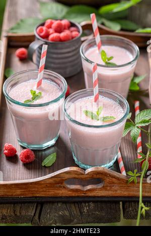 Cocktail maison préparé à partir d'ingrédients de saison et de lait. Smoothie à la framboise comme boisson énergétique naturelle. Banque D'Images