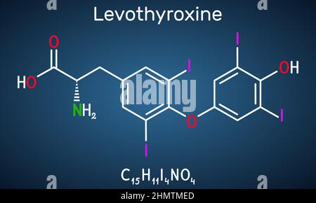 Lévothyroxine, molécule de L-thyroxine. Il s'agit de la forme synthétique de l'hormone thyroïdienne thyroxine, T4 hormone, utilisée pour traiter l'hypothyroïdie. Chimie structurelle Illustration de Vecteur