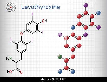 Lévothyroxine, molécule de L-thyroxine. Il s'agit de la forme synthétique de l'hormone thyroïdienne thyroxine, T4 hormone, utilisée pour traiter l'hypothyroïdie. Chimie structurelle Illustration de Vecteur