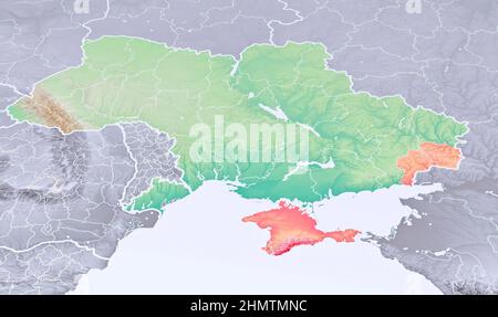 Carte physique de l'Europe, de l'Ukraine et des frontières. La Russie et la Biélorussie, la Crimée et la mer Noire. Carte. Manœuvres militaires aux frontières Banque D'Images