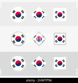 Ensemble d'icônes de drapeau de la Corée du Sud, drapeau vectoriel de la Corée du Sud. Trois versions d'ICON. Illustration de Vecteur