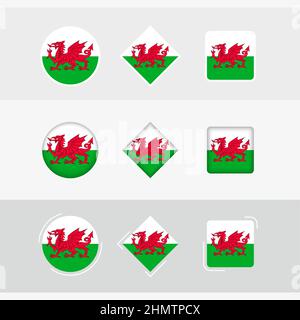 Ensemble d'icônes drapeau du pays de Galles, drapeau vectoriel du pays de Galles. Trois versions d'ICON. Illustration de Vecteur