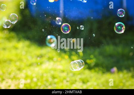 Des bulles arc-en-ciel flottent dans le parc du jardin. Arrière-plan estival ludique. Banque D'Images