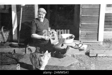 Photographie vintage authentique d'une femme âgée en robe à pois assise sur le sol préparant la nourriture surveillée par un chat devant un bâtiment en bois, en Suède Banque D'Images