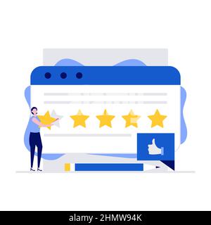 Service client et expérience utilisateur concept d'illustration vectorielle avec caractères. Le client donne un feedback cinq étoiles et laisse un avis positif. Moderne Illustration de Vecteur