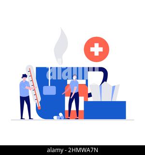Concept d'illustration de vecteur de traitement de la grippe avec caractères. Les gens ont la grippe ou la maladie du rhume. Homme et femme mesurant la température du corps et la drinkin Illustration de Vecteur