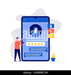 Concept de feedback du service client avec caractère à proximité d'un grand smartphone. Illustration vectorielle moderne de style plat pour la page d'arrivée, l'application mobile, Illustration de Vecteur