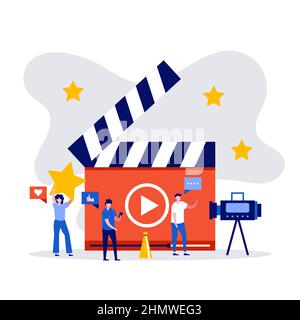 Blog vidéo, vlog, concept de canal en ligne avec caractère créant du contenu vidéo. Illustration vectorielle moderne de style plat pour la page d'arrivée, l'application mobile, Illustration de Vecteur