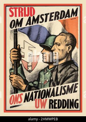 WW2 Nederland et Allemagne nazie Waffen SS Poster Dutch NSB Propaganda Amersterdam Holland (Art de Manche) 1930s Banque D'Images