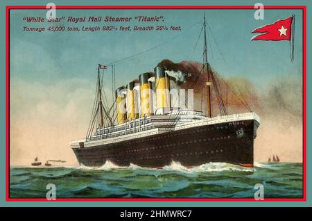 RMS TITANIC 1912 ILLUSTRATION POSTER CARTE Vintage 1912 Titanic ‘White Star Royal Mail Steamer’ tonnage 45000 couleur promotionnelle carte postale de la ligne White Star avant son naufrage tragique Banque D'Images