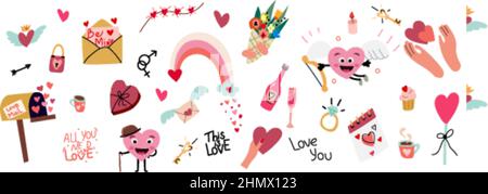 Autocollants dessinés à la main avec symboles d'amour style doodle Illustration de Vecteur