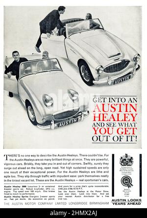 Une publicité vintage pour les voitures de sport Austin Healy 3000 et Sprite, de Motor Magazine, octobre 1960 Banque D'Images