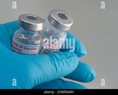 Fermer un flacon avec le vaccin Moderna Covid-19, tenu à la main dans des gants médicaux Banque D'Images