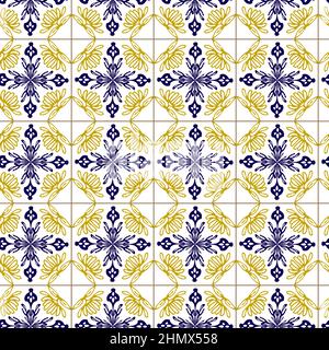 Décoration jaune et bleu azuleyo sans couture.Portugal céramique géométrique. Illustration de Vecteur
