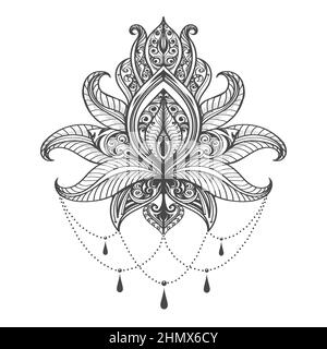 Tatouage de motif de fleurs de Lotus de Mehndi dessiné à la main isolé sur fond blanc. Illustration de Vecteur