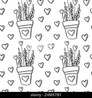 Fleurs de Saint-Valentin motif sans couture en pot avec coeurs. Illustration de Vecteur