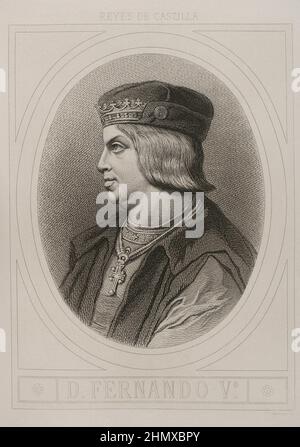 Ferdinand II d'Aragon, appelé catholique (1452-1516). Roi de la couronne d'Aragon. Roi de Castille sous le nom de Ferdinand V (1474-1504). Portrait. Gravure par Masson. Lithographiée par Magín Pujadas. 'Historia général de España', par Modesto Lafuente. Volume II Publié à Barcelone, 1879. Auteur: Antoine Masson (1636-1700). Artiste français. Banque D'Images