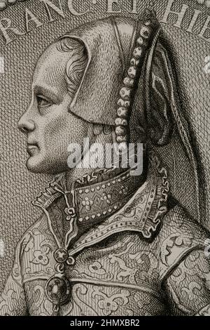 Mary I Tudor (1516-1558). Reine d'Angleterre et d'Irlande (1553-1558). Fille d'Henri VIII et de Catherine d'Aragon. Portrait. Gravure par Masson. Lithographiée par Magín Pujadas. Détails. 'Historia général de España' par Modesto Lafuente. Volume II Publié à Barcelone, 1879. Auteur: Antoine Masson (1636-1700). Artiste français. Banque D'Images