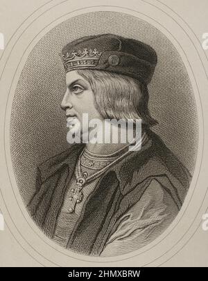 Ferdinand II d'Aragon, appelé catholique (1452-1516). Roi de la couronne d'Aragon. Roi de Castille sous le nom de Ferdinand V (1474-1504). Portrait. Gravure par Masson. Lithographiée par Magín Pujadas. 'Historia général de España', par Modesto Lafuente. Volume II Publié à Barcelone, 1879. Auteur: Antoine Masson (1636-1700). Artiste français. Banque D'Images