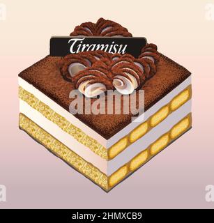 Gâteau italien au Tiramisu en couches avec de la crème fouettée et du fromage mascarpone Illustration de Vecteur