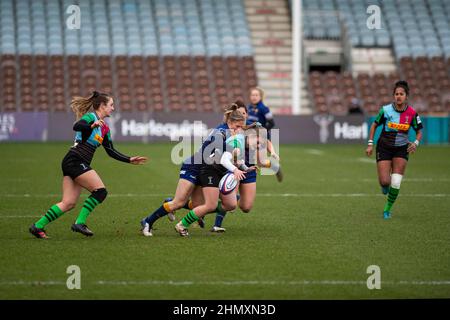 Harlequins Women contre Worcester Warriors Women's Allianz Premier 15s London, Angleterre février 12th 2022: Match day action entre Harlequins Women contre Worcester Warriors at Twickenham Stoop . Score final: Harlequins Rugby 42 : 15 Worcester Warriors Banque D'Images