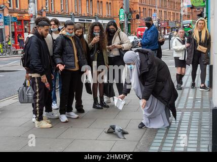 Une étudiante française voilée vêtue de hijab et portant un masque chirurgical tente d'attraper un pigeon blessé à Grafton Street, Dublin Banque D'Images