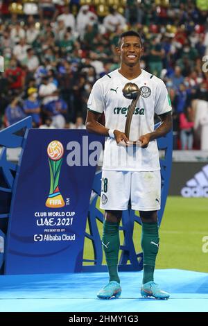 Abu Dhabi, Émirats arabes Unis. 12th février 2022 ; Stade Mohammed Bin Zayed, Abu Dhabi, Émirats Arabes Unis ; finale de la coupe du monde du Club, Chelsea contre Palmeiras ; crédit Danilo de Palmeiras : Images sportives action plus/Alamy Live News Banque D'Images