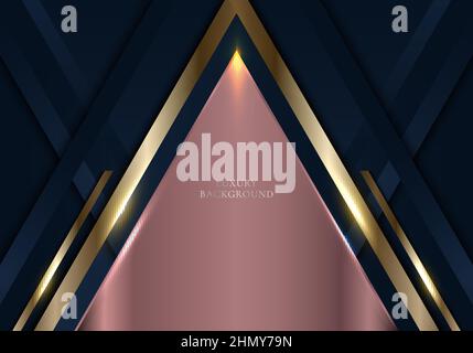 3D style de bannière moderne de luxe design bleu, cuivre et or triangles bandes métalliques lignes avec des étincelles claires sur fond bleu foncé. Vecteur gr Illustration de Vecteur