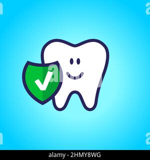 Dent protégée, saine, blanche, dent heureuse, dentisterie, hygiène bucco-dentaire. Blindage avec une coche. Illustration de Vecteur