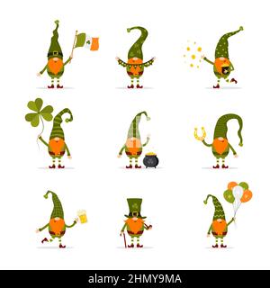 Gnomes de Saint-Patrick.Jolis limes aux éléments festifs.Illustration vectorielle de style dessin animé plat.Nains dessinés à la main pour les vacances en irlande Illustration de Vecteur