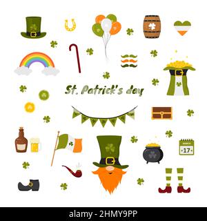 Collection Saint-Patrick.Éléments festifs mignons.Illustration vectorielle de style dessin animé plat.Icônes dessinées à la main pour les vacances en irlande Illustration de Vecteur