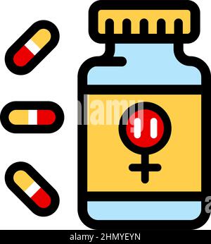 Icône couleur hormonothérapie de remplacement. Pilules pour la ménopause. Médicaments pour la santé des femmes. Produit pharmaceutique en flacon. Médicament dans le conteneur. Medica Illustration de Vecteur