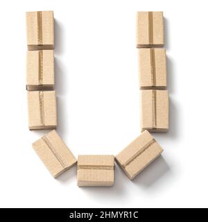 Lettre U. Alphabet des boîtes en carton pour livraison isolées sur fond blanc. Banque D'Images