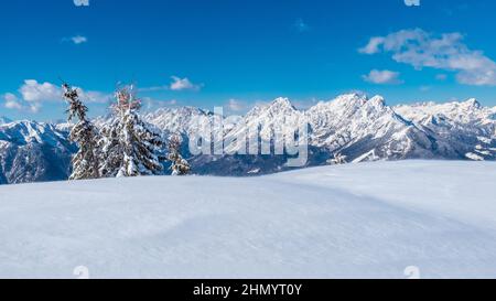 Sur le mont Zoncolan, les alpes carniques après une grosse chute de neige. Province d'Udine, région de Friuli-Venezia Giulia, Italie Banque D'Images